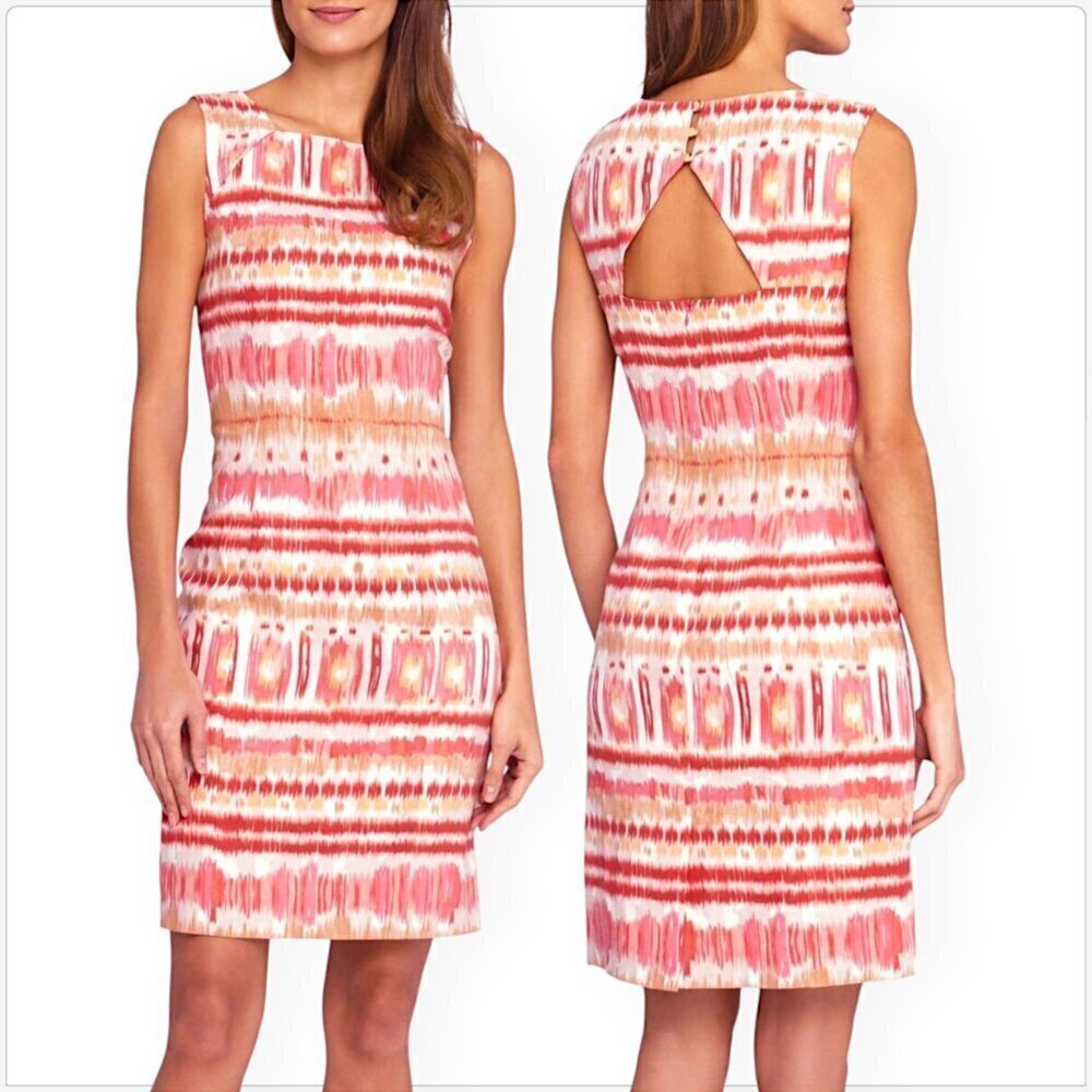 Tahari Natural Coral Berry Ikat Cut-out Back Sleeveless Linen Bl Sheath Dress 2P